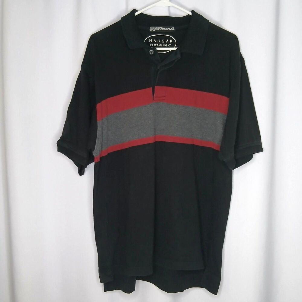 Haggar Clothing Polo Shirt Golf Black Stripe Cotton Short Slv Relaxed Mens Large